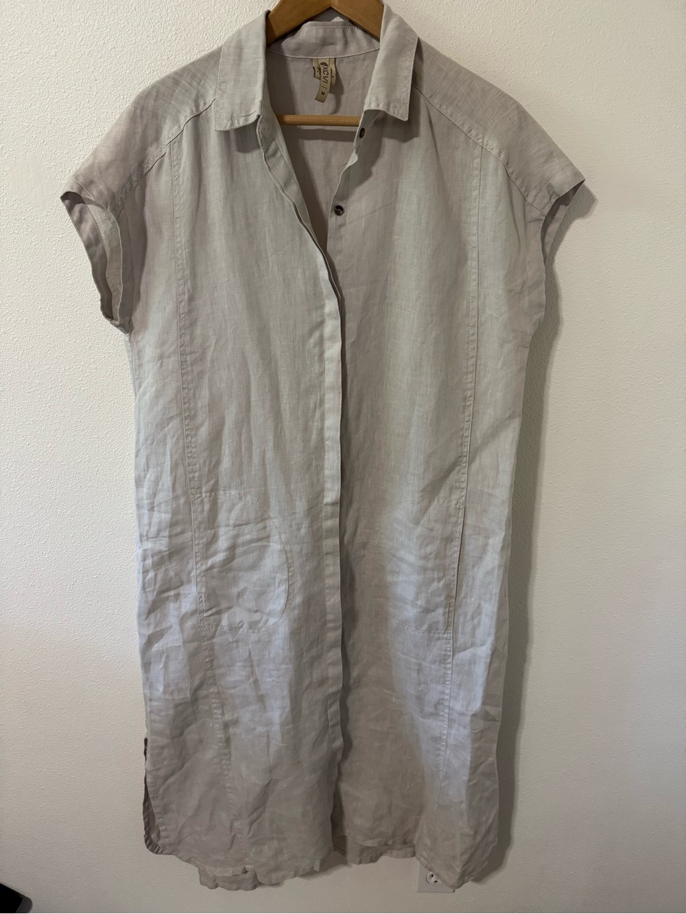 XCVI Linen Midi Shirt Dress Light Taupe Cap Sleeve Minimalist Lagenlook-Medium